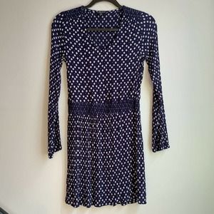 LUCKY BRAND DRESS Tunic Smocked Sz S Navy Blue V-Neck Long Sleeve Boho EUC